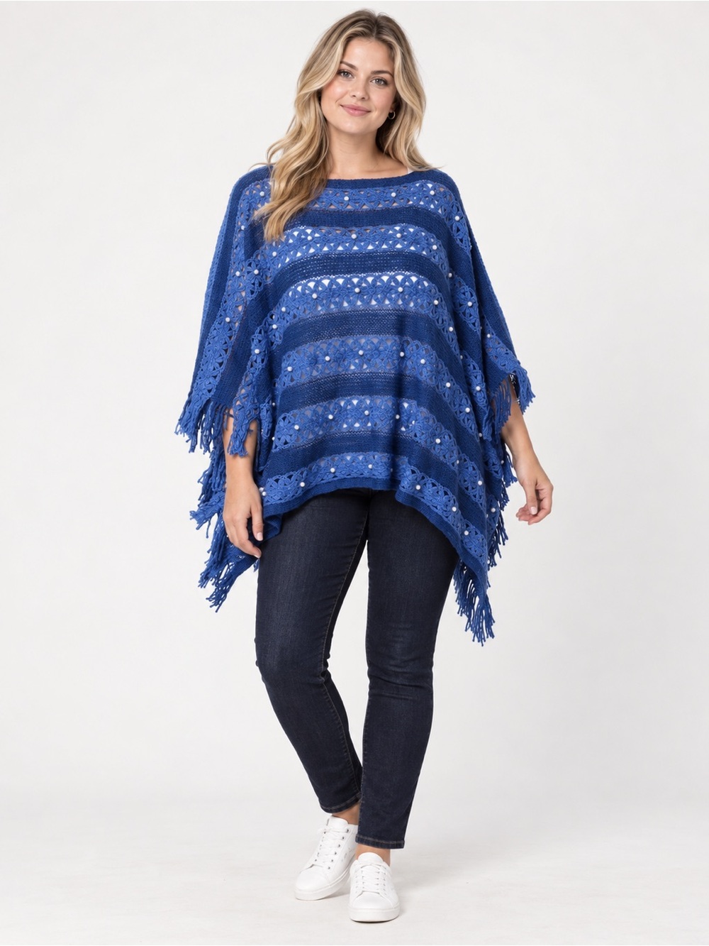 Blue Gray Stripe Knit Poncho Fringe Faux Pearl One Size Acrylic